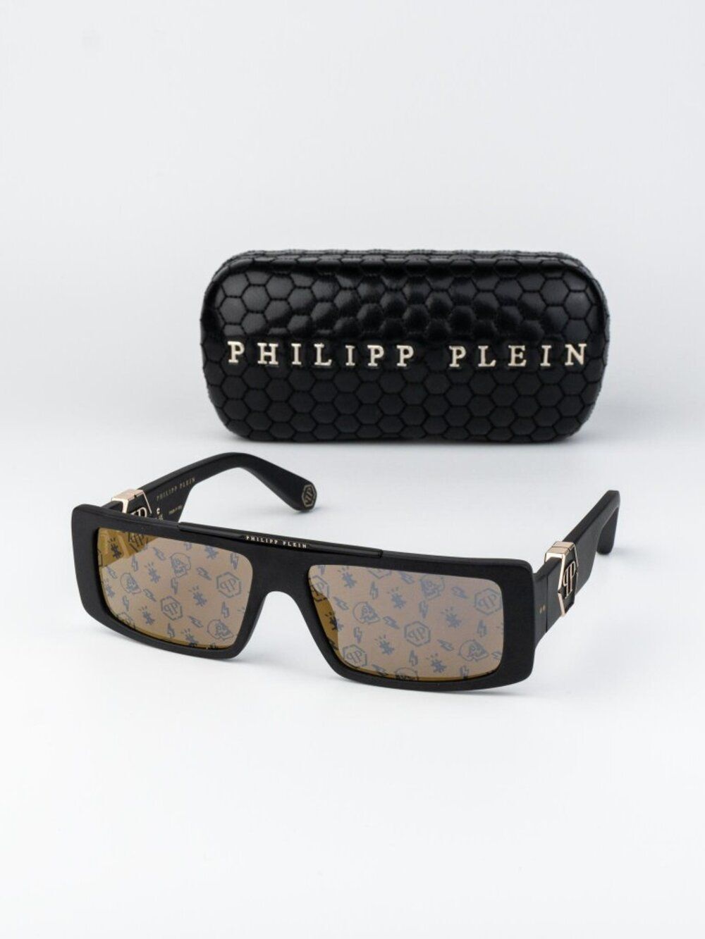 Philipp Plein Men Sunglasses Black Gold Mirror Pattern Rectangle SPP003M 703L